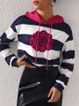 Gincko Women'S Color Block Striped, Floral And Letter Print Drawstring Hooded Cropped Sweatshirt