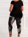 Plus Size Women's Letter Print Side Slit T-Shirt And Leopard Print Leggings Two-Piece Set