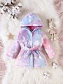 Baby Girl Ombre Moon & Star Pattern Hooded Belted Flannel Coat