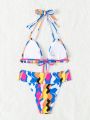 SHEIN Swim Y2GLAM Random Printed Front Knot Bikini Swimsuit Set