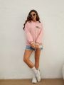 Women's Simple Pink Front Pocket 100% Polyester Hooded Sweatshirt