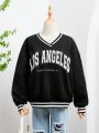 Teen Girls Letter Graphic Striped Trim Drop Shoulder Sweatshirt