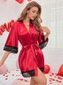 Lace Decorated Belted Satin Robe