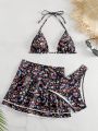 Little Floral Print Halter Swimsuit Set With Lace Detailing