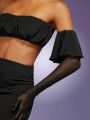 Asavvy Off Shoulder Ruffle Trim Crop Top & Split Thigh Skirt