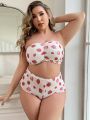 Mesh Strawberry Print Large Size Women'S Mold Cup Underwear Set (Valentine'S Day)