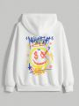 Sober Artwerk Cartoon Print Kangaroo Pocket Drawstring Hoodie