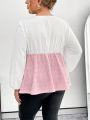 SHEIN Privé Plus Size Color Block Plaid Patchwork Lantern Sleeve Shirt