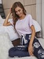 Solid Tee & Floral Print Bow Front Pants PJ Set