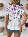 SHEIN LUNE Women's Butterfly Print Short Sleeve T-shirt