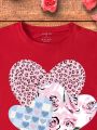 Plus Size Women'S Round Neck Short Sleeve T-Shirt With Heart Print