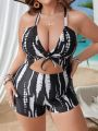 SHEIN Swim Vcay Plus Size Tie Dye Pattern Cutout One-Piece Swimsuit With Knot Front Detail Music Festival