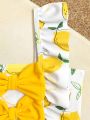 Baby Girl Lemon Print Bow Front Ruffle Trim One Piece Swimsuit