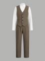 SHEIN Teenage Boys' Casual Comfortable Suit With Long Sleeve Shirt, Slim Vest And Straight Pants