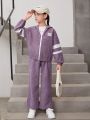 SHEIN Kids EVRYDAY Tween Girl Letter Patched Striped Drop Shoulder Hooded Corduroy Jacket & Pants