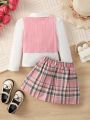 SHEIN Kids CHARMNG Young Girl Three-Piece Set Of Ladylike Jacquard Vest With Shirt And Bow Plaid Skirt