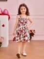 SHEIN Kids CHARMNG Young Girls' Flower Patterned Cami Dress With Bowknot Decoration