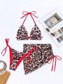 SHEIN Swim BAE 3pcs Leopard Print Halter Neck Bikini Set With Side Tie Triangle Top And Swim Shorts/skirt Bottom