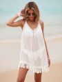 SHEIN Swim BAE Women's Tassel Hem Backless Cover-Up Dress