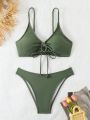 Solid Color Drawstring Detail Bikini Swimwear Set