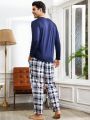 Men'S Letter Printed Long Sleeve Checkered Pants Homewear Set