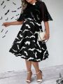 Plus Bat Print Contrast Mesh Dress