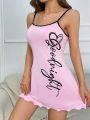 Women's Letter & Heart Print Spaghetti Strap Sleep Dress