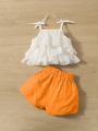 SHEIN Baby Girl's Chic Layered Ruffle Hem Tank Top And Shorts Set