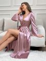 Solid Lace Cuff Belted Satin Robe