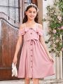 SHEIN Kids FANZEY Tween Girl Off-Shoulder Double Layered Flounce Dress With Detachable Waistbelt