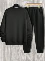 Men's Plus Size Letter Print Inner Fleece Hoodie And Sweatpants Set, Keep Warm