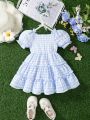 Comfortable, Lovely, Fashionable & Elegant Elasticized Puff Sleeve Shirred & Lace Patchwork Layered Dress For Baby Girls