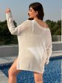 SHEIN Swim Vcay Plus Size Women'S Split Hem Long Sleeve Cover Up With Side Slit