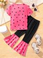 SHEIN Kids QTFun Little Girls' Love Heart Graphic T-Shirt And Color Block Flared Pants Set