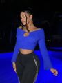 SHEIN SXY Solid Color Off Shoulder Plush Cropped Sweater