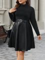 SHEIN Frenchy Women's Plus Size High Neck Long Sleeve Patchwork Midi Dress