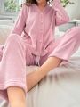 Ladies' Solid Color Front Button Shirt And Drawstring Waist Pants Home Wear Set