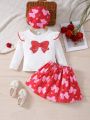 SHEIN Kids QTFun Toddler Girls' Adorable Ruffle Trim Long Sleeve Butterfly Print T-Shirt And Skirt Set For Autumn And Winter