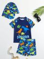 Little Boys' Dinosaur Printed Swimsuit Set With Hat
