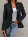 Women's Open Front Coat With Ruffle Hem