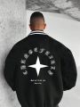 Men Star & Slogan Graphic Striped Trim Drop Shoulder Bomber Jacket