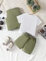 3pcs Baby Boy's Casual Crown & Letter Printed T-Shirt + Solid Color Vest + Shorts Set