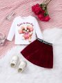 Infant Girls' Cute Dog Pattern Round Neck Long Sleeve Top And Velvet A-line Skirt Set For Spring/autumn