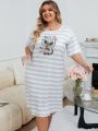 Plus Size Women'S Casual Striped Short Sleeve Sleep Dress With Cute Cat Print