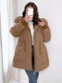 Plus Drawstring Waist Fuzzy Trim Hooded Parka Coat