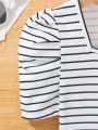 SHEIN Kids EVRYDAY Knitted Striped Square Collar One-Piece Casual T-Shirt For Tween Girls