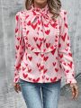 Heart-shaped Printed Ruffle Trim Blouse