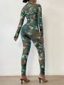 SHEIN Slayr Camo Print Cut Out Front Unitard Jumpsuit