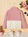 SHEIN Kids EVRYDAY Girls' Contrast Color Stand Collar Heart Embroidered Loose Fleece Casual Jacket