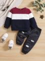 Baby Boys' Autumn & Winter Twist Flower Knitted Sweater And Denim Effect Pants Set